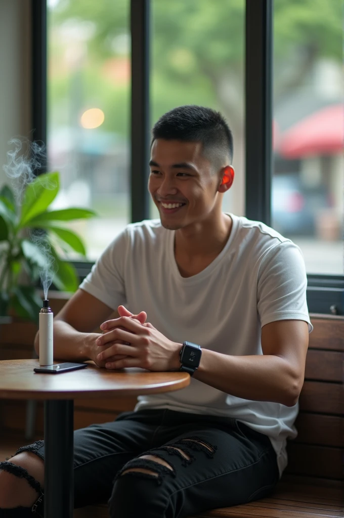 A handsome Thailand man with a clean face, very short black hair with a slightly body athletic look on the sides, wearing a white t-shirt with a premium logo, with an open black jacket,Neat jeans, stylish sports shoes, sitting relaxed in a cafe, with a cup of coffee and Marlboro cigarettes and a luxury lighter, realistic hd