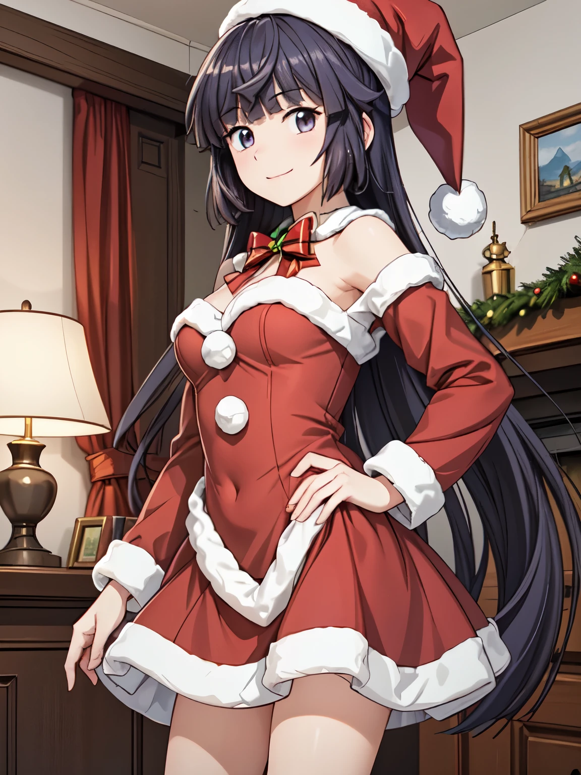  very detailed,  High Resolution ,[8K images:1.15],indoor、Christmas colors、Standing、全体的にLong Hair、Closed Mouth、 1 girl, smile, dawn_Log Horizon, Santa hat、Santa costume、Long Hair, Black Hair 、Bright eyes that stare at the viewer, whole body, smile、 cowboy shot、4K,8k,Extremely detailed CG、 High Resolution 、超 High Resolution ,  perfect lighting, Extremely detailed CG、  physically-based rendering (Genuine、Realisticな、Realistic)、( animated illustration style )、