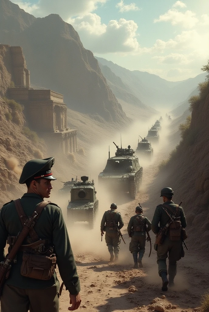 soldiers marching down a street with a mountain in the background, soldiers running, soldiers, several soldiers, wartime footage, soldiers charging in, world war ii military style, soldiers charging the enemy, american soldiers invaded mars, colourised, war movie scene, screenshot from a movie, ww2 era, film still dnd, still from the film, shot from movie, tank