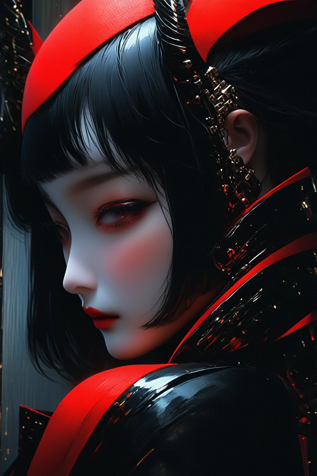 Japan girl, black hair,zipper detail,long red neck high thigh stockings,geisha art,robotic mechanical arm,color gradient,best quality,4k,8k,highres,masterpiece:1.2,ultra-detailed,realistic,photorealistic,photo-realistic:1.37,HDR,UHD,studio lighting,ultra-fine painting,sharp focus,physically-based rendering,extreme detail description,professional,vivid colors,bokeh,dark fantasy,concept art