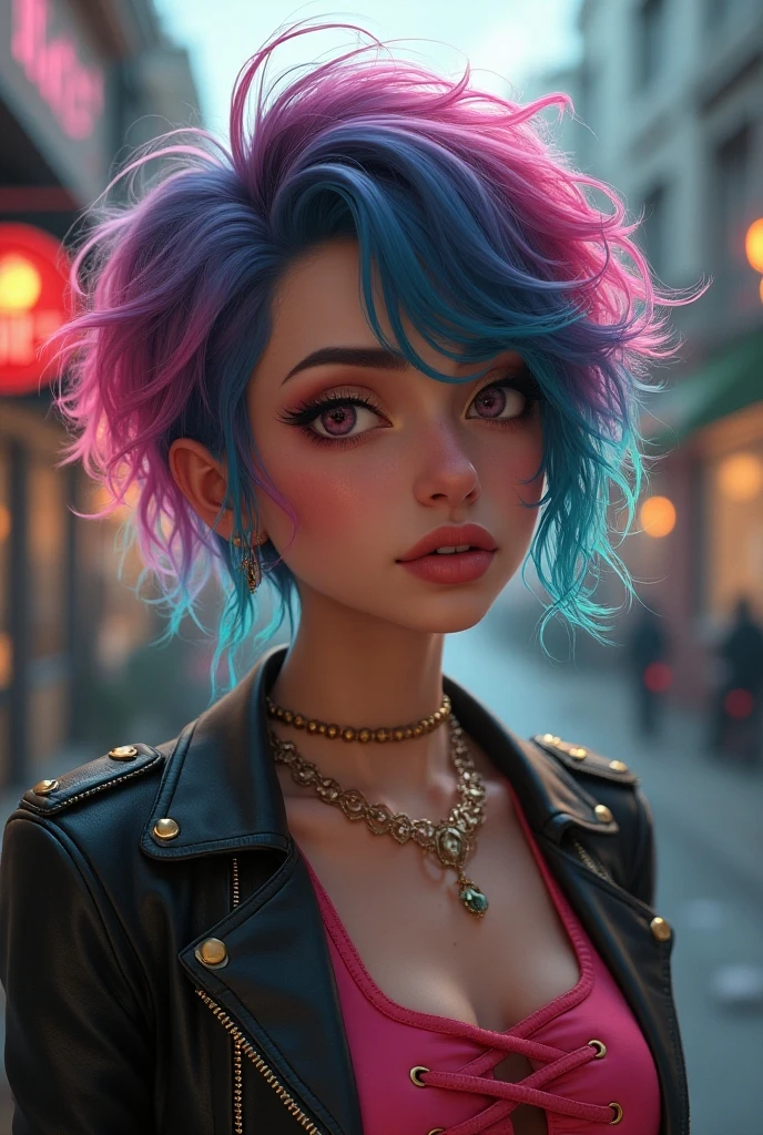 A striking 8K portrait by artist RICK captures the essence of a fashionable college student with raven black hair. Escorrendo suor em seu corpo, she is dressed in a white shirt, displaying her toned curves, and carries a worn backpack over her shoulder. Sweat glistens on her skin, her hair is disheveled, and beads of perspiration adorn her forehead. The artist's masterful attention to detail reveals the texture of her skin, pores, and subtle imperfections, adding a touch of realism. The student's multi-colored hair transitions from deep blues to fiery oranges and pinks, offering a vibrant contrast to the piece. Her intense, captivating eyes are framed by a white sleeveless top.
The background is a dynamic blend of urban elements, including towering buildings, graffiti, and, 3d render, graffiti, cinematic, fashion, typography, photo, vibrant, illustration, poster, product, full body
