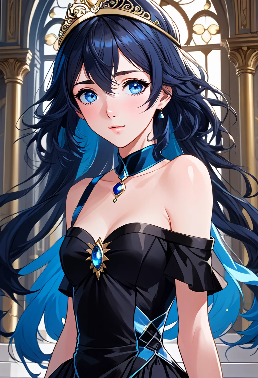 great quality ++ Extremely detailed high resolution, very aesthetic, expressive eyes, (((Perfect face))), (((symmetrical face))), (((Good anatomy)), (((perfect hands))), (((8k)))), UHD, HD Wallpaper, (((high detailed calidra, (((1girl)))), ((((full body)))), (((Noire)))), (((feNoire))), (((blue hair))), (((blue eyes))), ((((Yandere face)))), ((((Midnight black dress with bare shoulders that perfectly hugged her slender figure and then descended to a flowing floor-length skirt)))), (((The sweetheart neckline was adorned with sparkling sapphires in harmony with the jeweled tiara))), (((Majestic ballroom Eveninajestic Castle))), (((huge breasts)))), (((Innocent smile))), ((((saluting)))),
