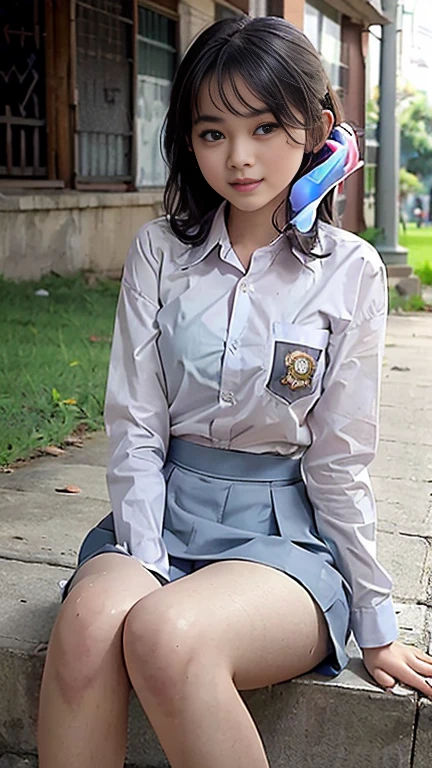 Young sweet beautiful school girl, slim body, very georgeus face, , wearing Indonesian white and grey uniform, long sleeve shirt, grey kneel long skirt, sassy girl,  wavy short hairs, siting down relax on side walk cheerful going to the school in the sunny morning, very realistic, very detail, no cartoon,  white thin panty exposed,