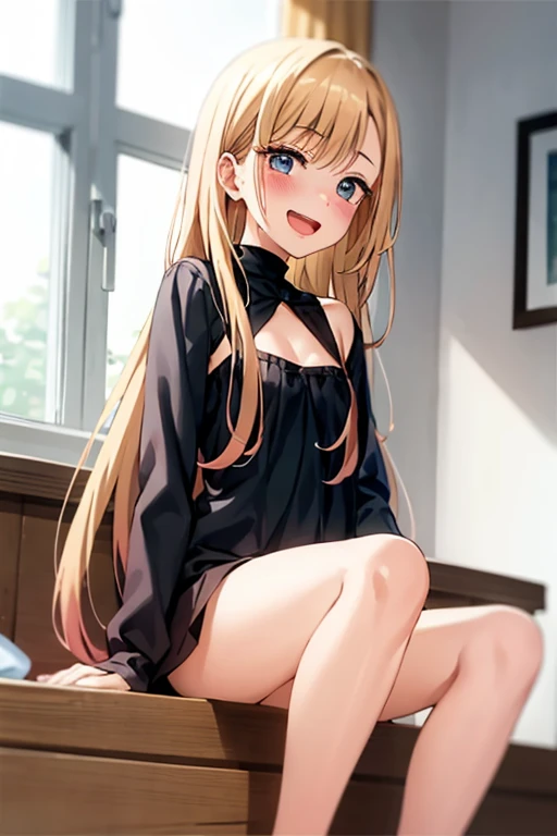 ((Best Quality)), ((masterpiece)), (be familiar with),  perfect face, indoor, bedroom,  viewers,
One woman, Kitagawa Marin,
Open Mouth, Ecstatic expression, blush, smile,
Small breasts,  flat chest, , , , Girl,
Long Hair, Long Hair,
Leg spread,