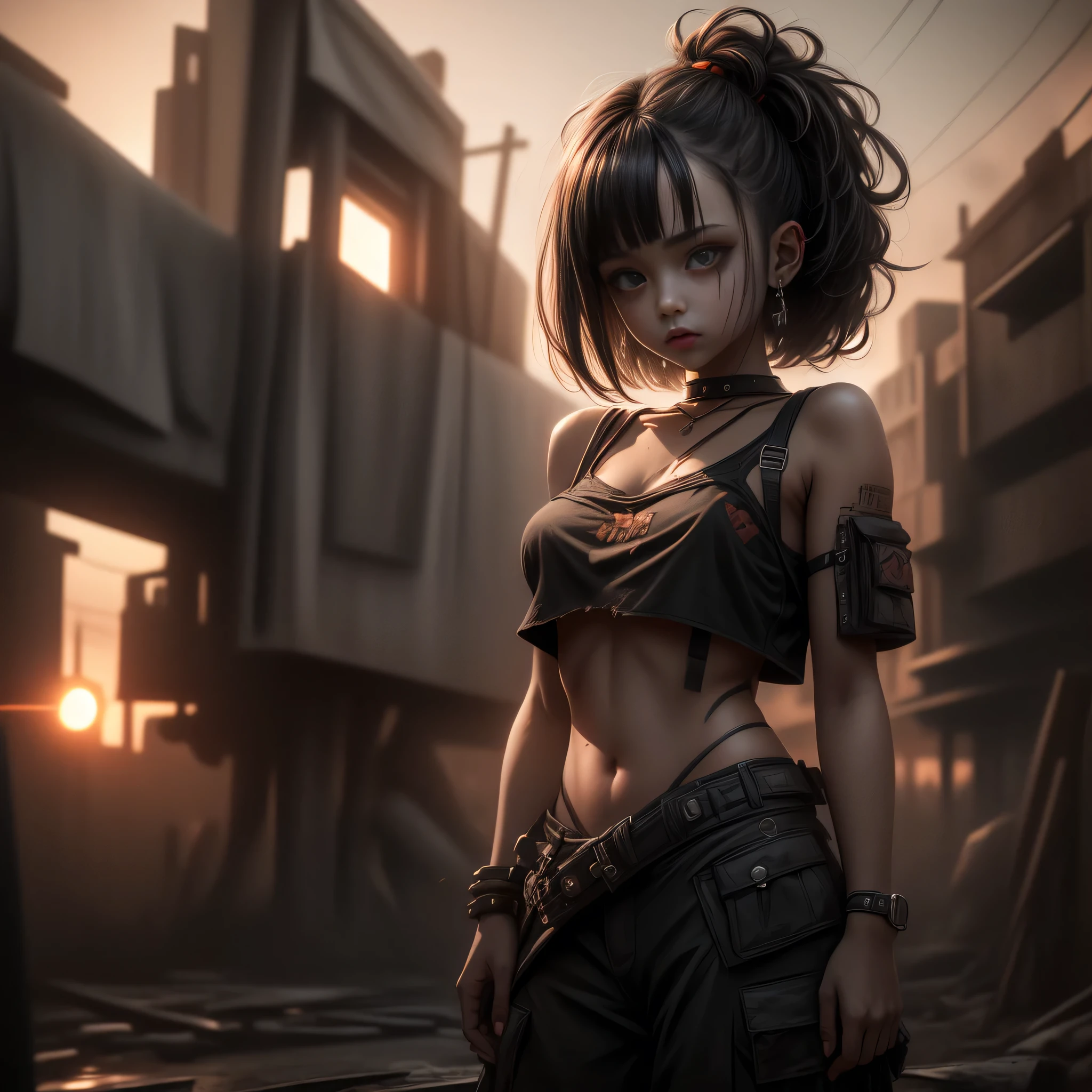 "Oil painting, focus on background
((resilient)) girl standing amidst nuclear wasteland ruins, delicate flowers emerging from the desolation, ominous clouds casting shadows,  fires, explosions, dust, lightning, deep red sunset, very large lens flare. deep orange glow in sky.
((haunting beauty)), post-apocalyptic masterpiece".
 1girl, short, rounded, tattered rags of clothes, short dark hair, desperate sad expression, ((white crop top, loose, torn, underboob)), ((low waist cargo pants, black, panties strap showing)), open jacket, realistic face, fierce, very small breasts.
low key lighting, moody, gritty, edgy.
dramatic pose, dramatic composition, low camera angle. from ground looking up, 