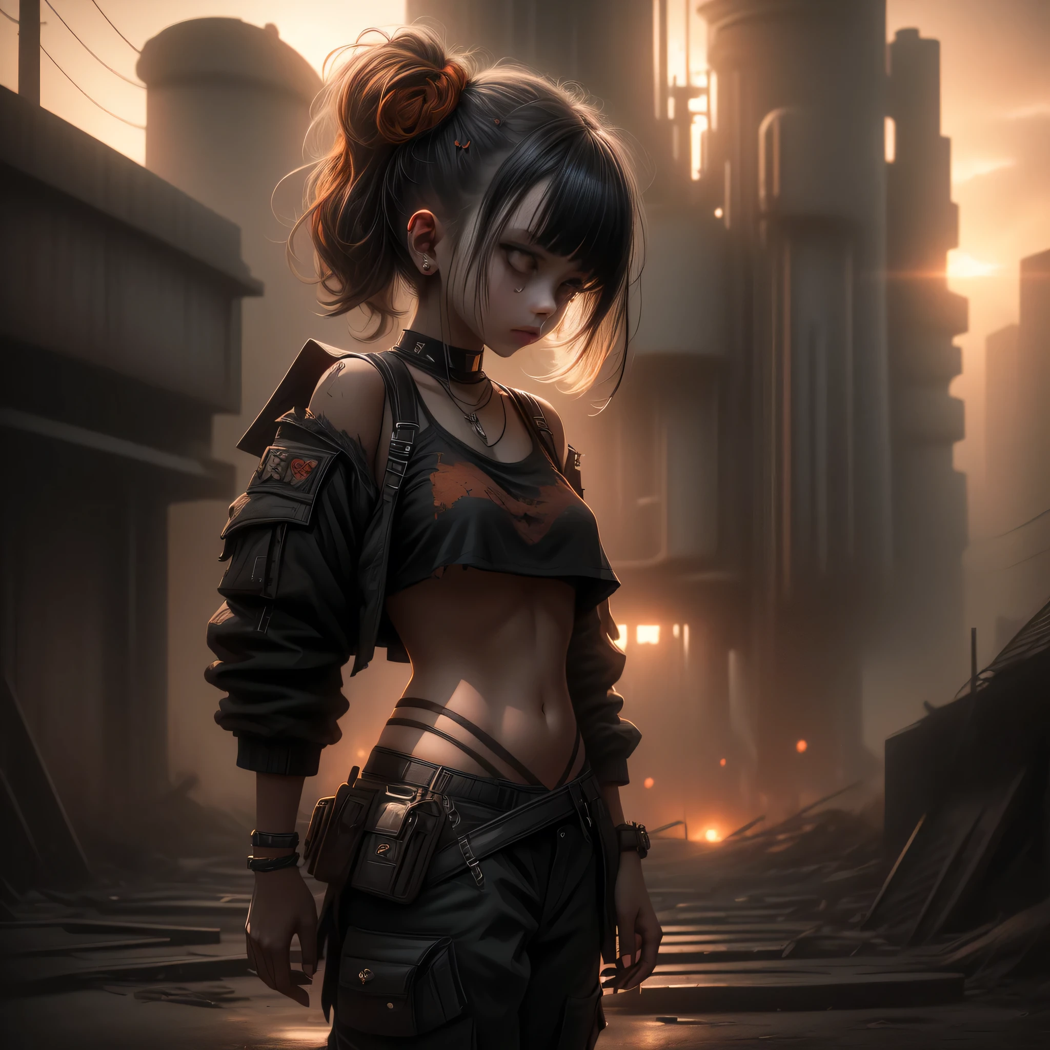 "Oil painting, focus on background
((resilient)) girl standing amidst nuclear wasteland ruins, delicate flowers emerging from the desolation, ominous clouds casting shadows,  fires, explosions, dust, lightning, deep red sunset, very large lens flare. deep orange glow in sky.
((haunting beauty)), post-apocalyptic masterpiece".
 1girl, short, rounded, tattered rags of clothes, short dark hair, desperate sad expression, ((white crop top, loose, torn, underboob)), ((low waist cargo pants, black, panties strap showing)), open jacket, realistic face, fierce, very small breasts.
low key lighting, moody, gritty, edgy.
dramatic pose, dramatic composition, low camera angle. from ground looking up, 