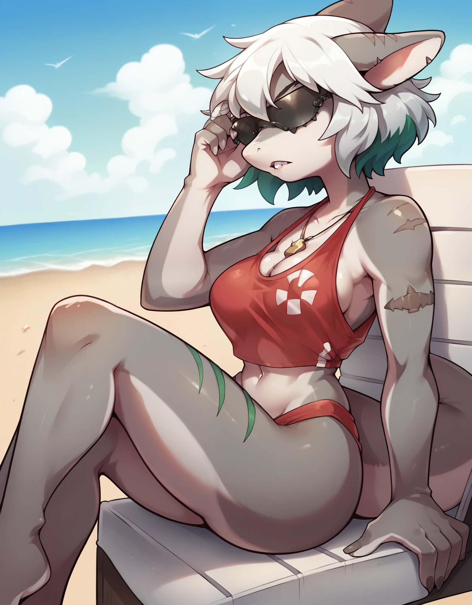  Score_9, score_8, score_7, source_anime, Anthro, jade, standing, indoors, naked, Anthro shark girl, grey skin, white hair with green ends, eyes covered, wearing aviator sunglasses, whistle necklace, wearing red one piece bathing suit, sitting on a white lifeguards chair, legs crossed, serious expression, side view, at the beach, outdoors