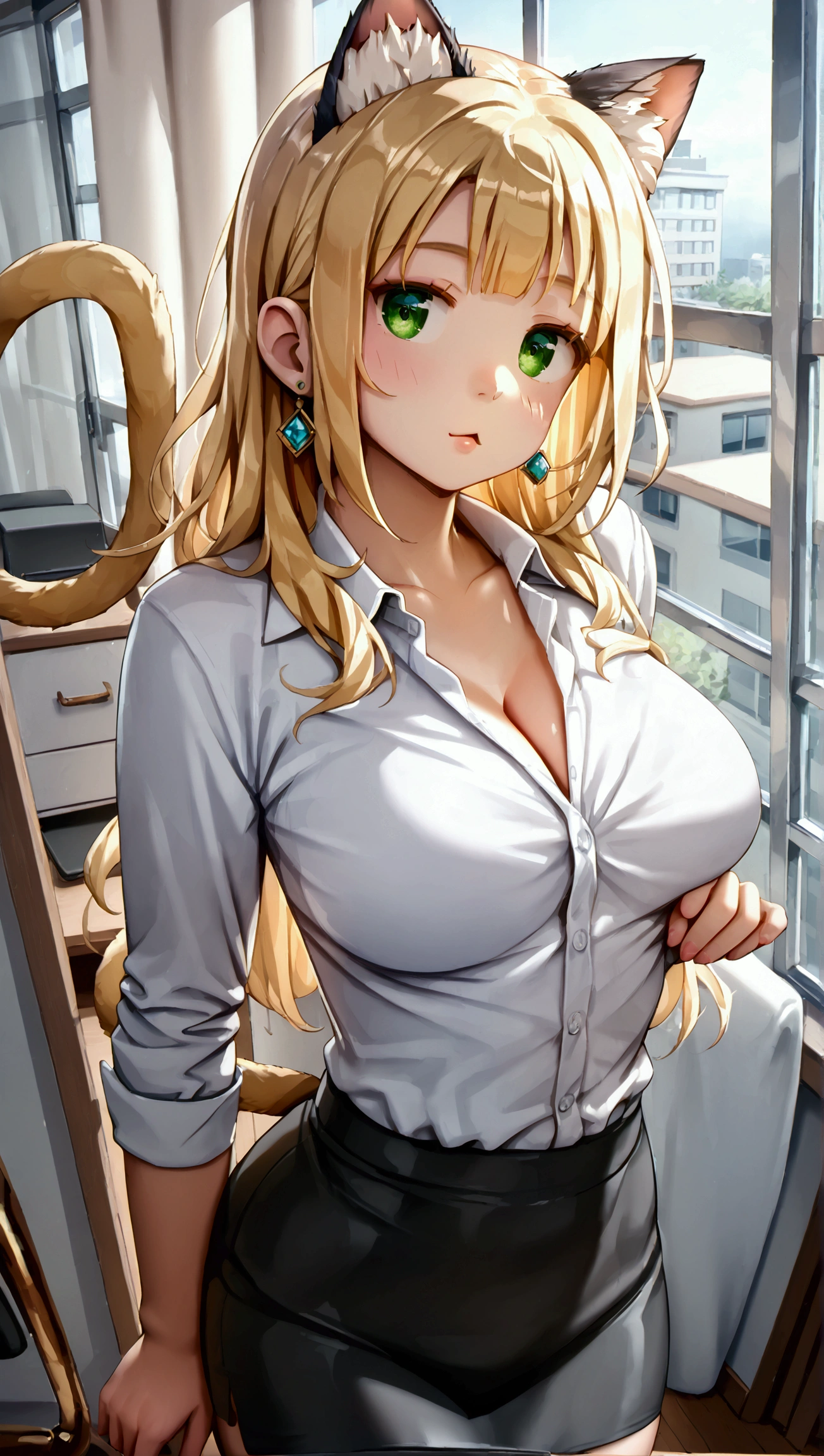 score_9, score_8_up, score_7_up, 1girl, solo,CedarP, scenery, (big breasts:0.8). (wide thighs:1.2), (wide hips:1.1), (mature woman:1.1), (detailed eyes), Immerse yourself in the elegance and sophistication of a beautiful blonde girl with green eyes. 8K, office room, (beautiful female), (cat mouth:1.2), clear face, cat ears, Shiny hair, view from above, thighs, business wear, black skirt 