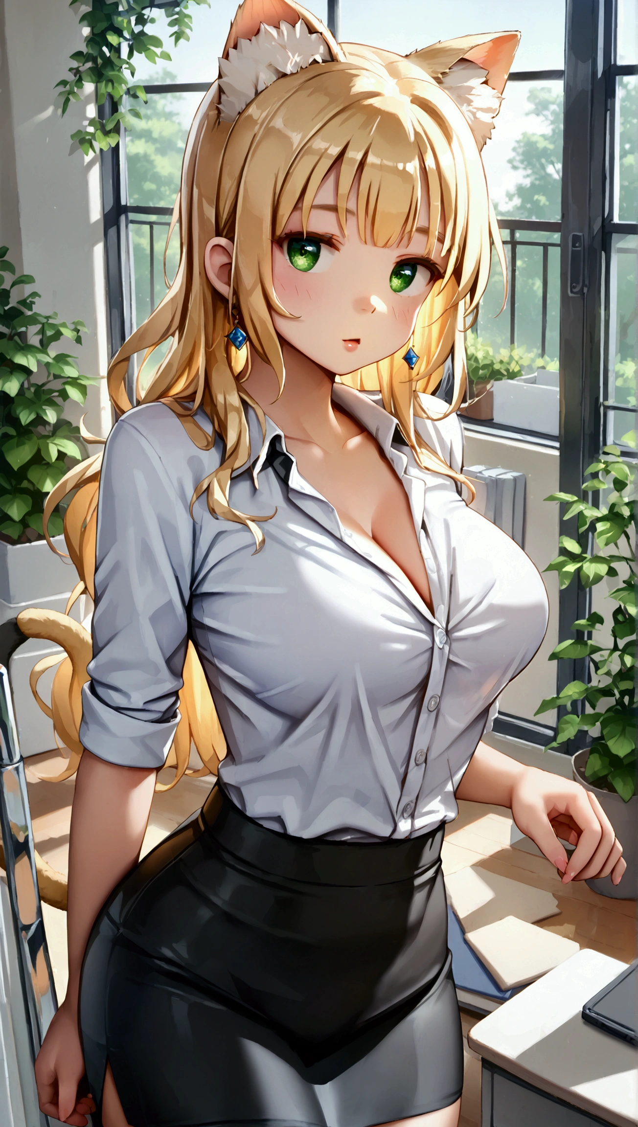 score_9, score_8_up, score_7_up, 1girl, solo,CedarP, scenery, (big breasts:0.8). (wide thighs:1.2), (wide hips:1.1), (mature woman:1.1), (detailed eyes), Immerse yourself in the elegance and sophistication of a beautiful blonde girl with green eyes. 8K, office room, (beautiful female), (cat mouth:1.2), clear face, cat ears, Shiny hair, view from above, thighs, business wear, black skirt 