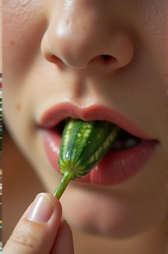 Woman sucking on a cucumber