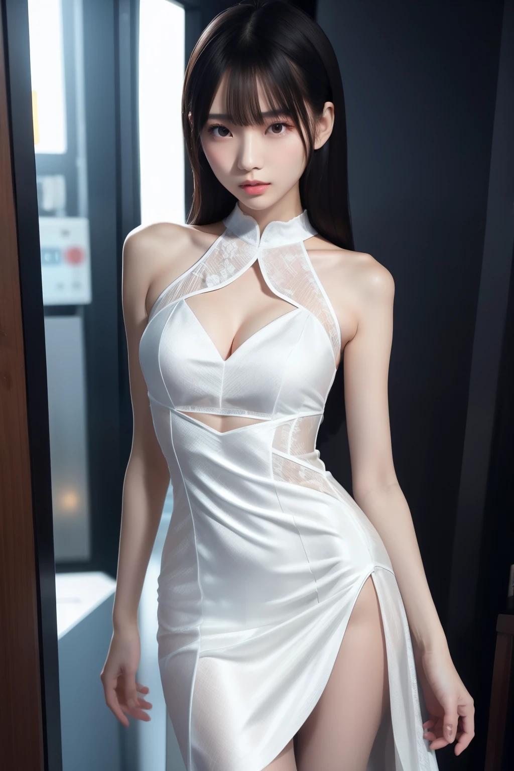 (Masterpiece:1.3), (Real:1.2), (Highly Detailed CG:1.0), (Complex Detail:1.2), (One 19-year-old Japan Woman,:1.3) (Pale Skin:1.1), Symmetrical Background, Blurred Background, (Perfect Anatomy:1.2),
Thin waist, greedy look, short braided bun, stiletto heels, clutch, statement necklace, bold pose, (ultra-realistic), (high resolution), (8K), (very detailed full body), (beautiful detailed eyes), (best quality), (super detailed), (masterpiece), (detailed face), solo, (dynamic pose), sitting with legs open in a chair, wavy long hair, Iris heterochromatic eyes, small moles under the eyes, ((short apron)), Well developed breasts, Long legs, Tighten abs, (without panties), (without bra), top quality, ultra high resolution, sharp focus, 8K, Nikon D750 f / 1.4 55mm, (photorealistic: 1.4), (pale skin: 1.4), bangs, (smile), nsfw: 1.5, high quality texture, High quality shadows, high detail, beautiful details, detailed textures, realistic representation of face, realistic, colorful, delicate, cinematic light, side lights, lens flare, ray tracing, (intricate details, makeup, PureErosFace_V1:0.5), (delicate face, detailed beautiful beautiful and delicate eyes, face with perfect proportions, high detailed skin, Up to 4 fingers and 1 thumb relationship, natural palm orientation, arms under chest, wide hips, smooth belly, close to naked