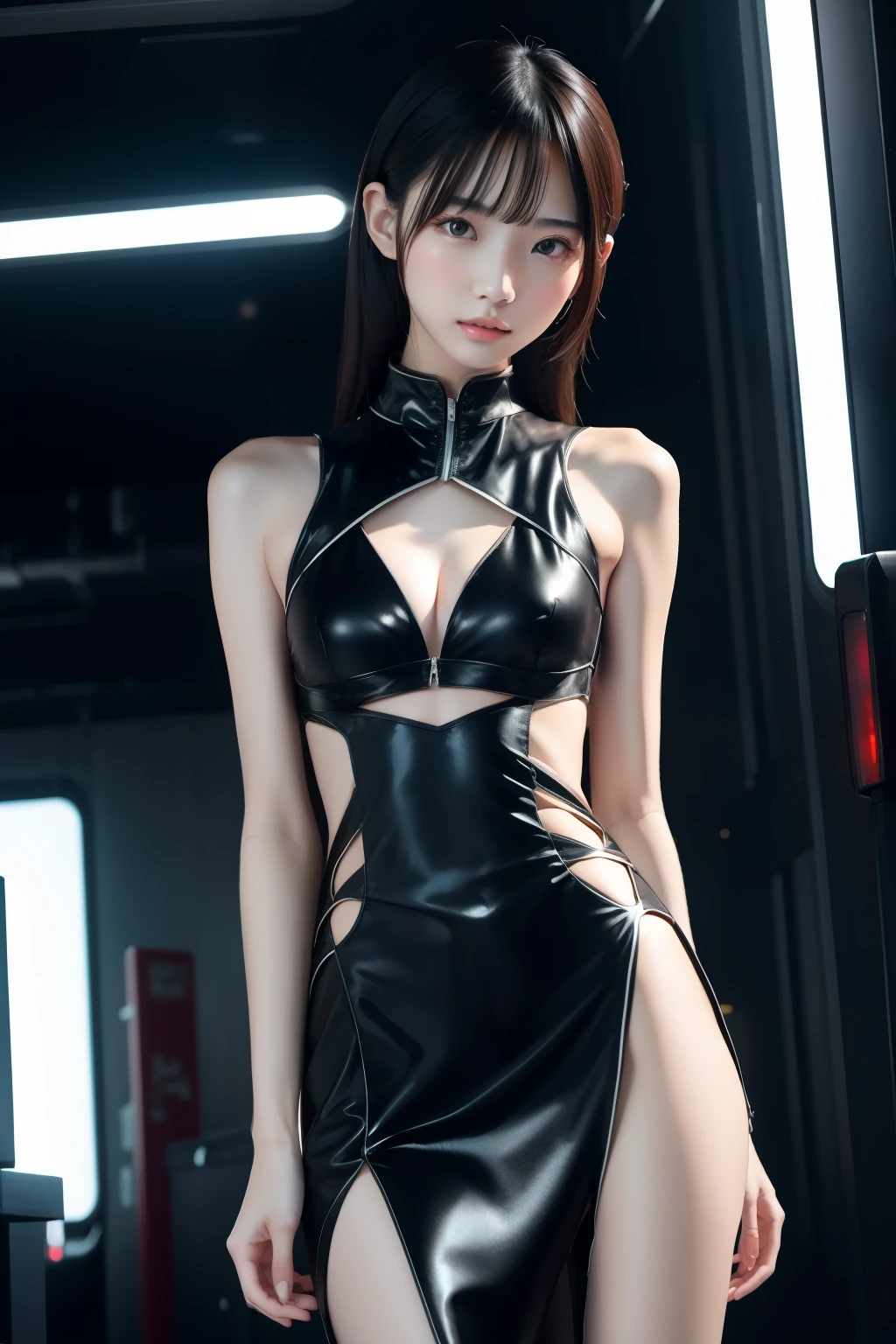 Tall thin Asian tween model, vogue pose, innocent, enticing, elegant detailed dress with slit and cutouts, beautiful slender body, perfect face, cyberpunk 