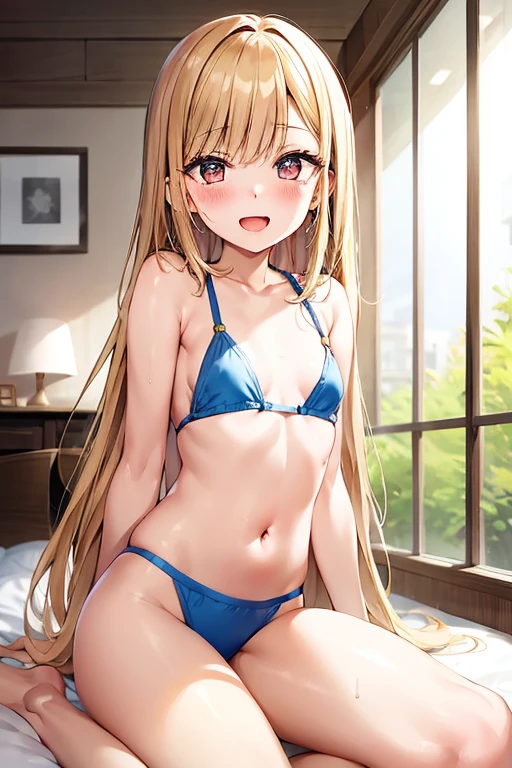 ((Best Quality)), ((masterpiece)), (be familiar with),  perfect face, indoor, bedroom,  viewers,
One woman, Kitagawa Marin,
Open Mouth, Ecstatic expression, blush, smile,
Small breasts,  flat chest, , , , Girl,
Long Hair, Long Hair,
Leg spread,