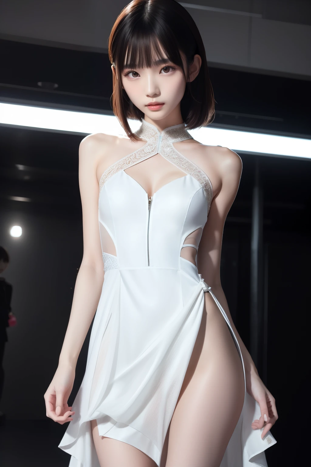 Tall thin Asian ten model, vogue pose, innocent, enticing, elegant detailed dress with slit and cutouts, beautiful slender body, perfect face, cyberpunk, skinny