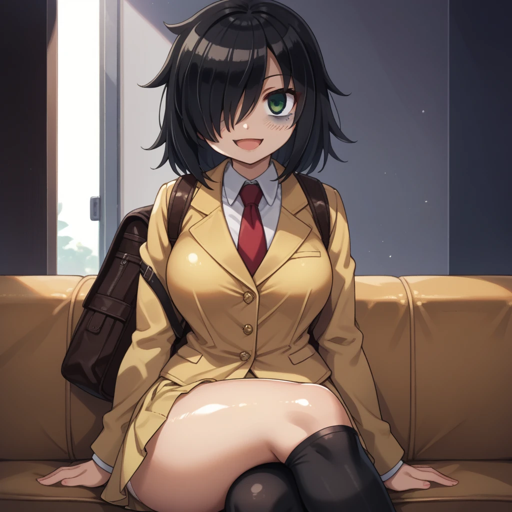 score_9, score_8_up, score_7_up,, solo, source_anime, tomokoxl, bags under eyes, hair over one eye black hair, medium hair, school uniform, red necktie, yellow skirt, short skirt, pleated skirt, yellow jacket, standing, cowboy shot, sitting, crossed legs, thick thighs, shiny skin, focus in crossed legs, underwear, white underwear, shiny underwear, lace underwear, white lace underwear, shiny lace underwear, panties, white panties, shiny panties, only crossed legs pose, sexy crossed legs, perfect crossed legs, sexy legs, big thighs, oiled thighs, oiled legs, smile, open mouth, glowing green eyes, evening time, dark room, breast, big breast, sheer knee highs, black knee highs, black sheer knee highs, backpack, leather backpack, brown backpack, focus in crossed legs, focus in legs, blushing, no shoes, cute feet, cute legs,