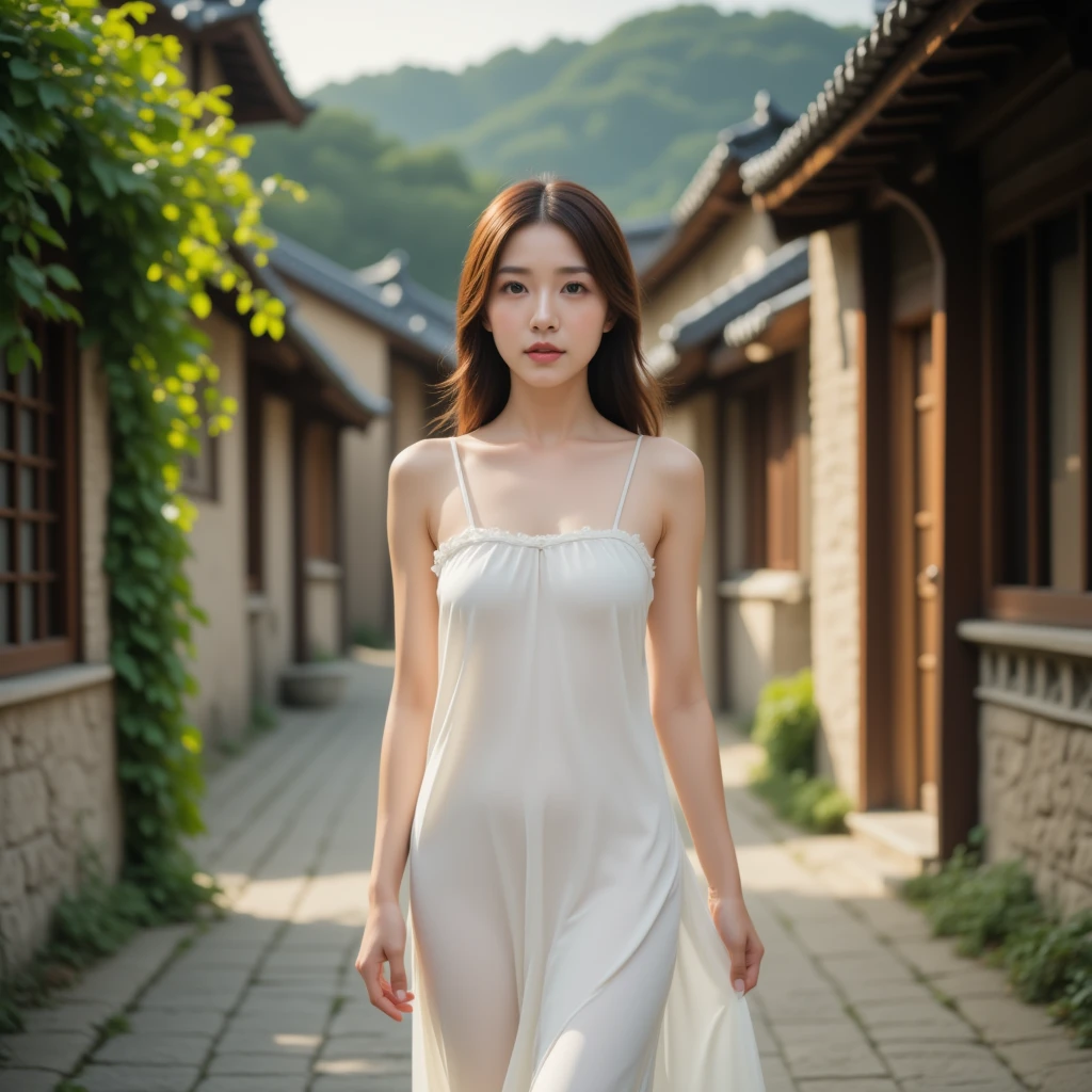 A close-up of an slender and beautiful East Asian woman walking toward the viewer in a peaceful, narrow path surrounded by traditional wooden houses. She is wearing a flowing white summer dress, and the focus is on her upper body and face, capturing her serene expression as she gently walks forward. The background shows parts of the traditional wooden buildings and stone walls, with lush green vines adding life to the scene. The sunlight softly illuminates her face and shoulders, creating a warm, cinematic atmosphere. The composition emphasizes her graceful presence, with subtle details of the houses and greenery framing the image. The close-up enhances her calm demeanor and the tranquil, summery feeling of the countryside.