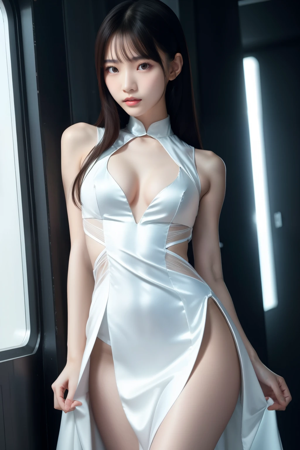 ((realistic)),(realistic shadow),((realistic skin texture)),(asian Chinese beautiful face),((Chinese sexy face)),((Chinese very sexy model)),((masterpiece)), (detailed), perfect face,(big boob),(very exotic sling high Cut dress),((big booty)),((very sexy pose)),((very sexy outfit)),(very exotic outfit),((full body)),exotic pose,(thin),((very sexy long legs)),((beautiful legs)),(slim),skinny,((very sexy shiny high heels)),((seduce)),aespa karina winter,((long hair many color)),((very hot young )),((shiny color full Chinese sexy dress)),(flash tiny g-string),(many color long hair),((nipple slip)),(teasing pose),(horny smile),(lace tights),(sexy bracelets),((very sexy emotional face)),((sexy dancer)),full stand models