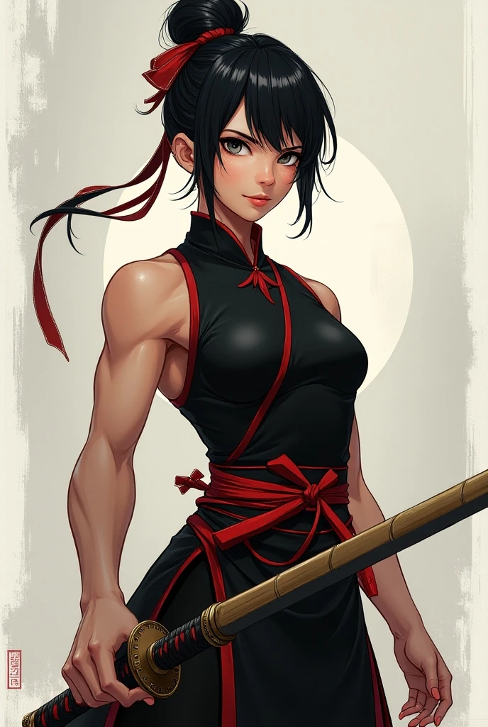 ((Simon Bisley)), Beautiful full-bodied woman, 30 years old, muscular and perfect body, samurai warrior with little clothing, tiny thong, large breasts, generous neckline, holding a blood-stained katana sword, Japanese, eyes pulled, samurai clothing, straight black hair, brave face, dark kingdom, sexy pose, walking among bamboo forest