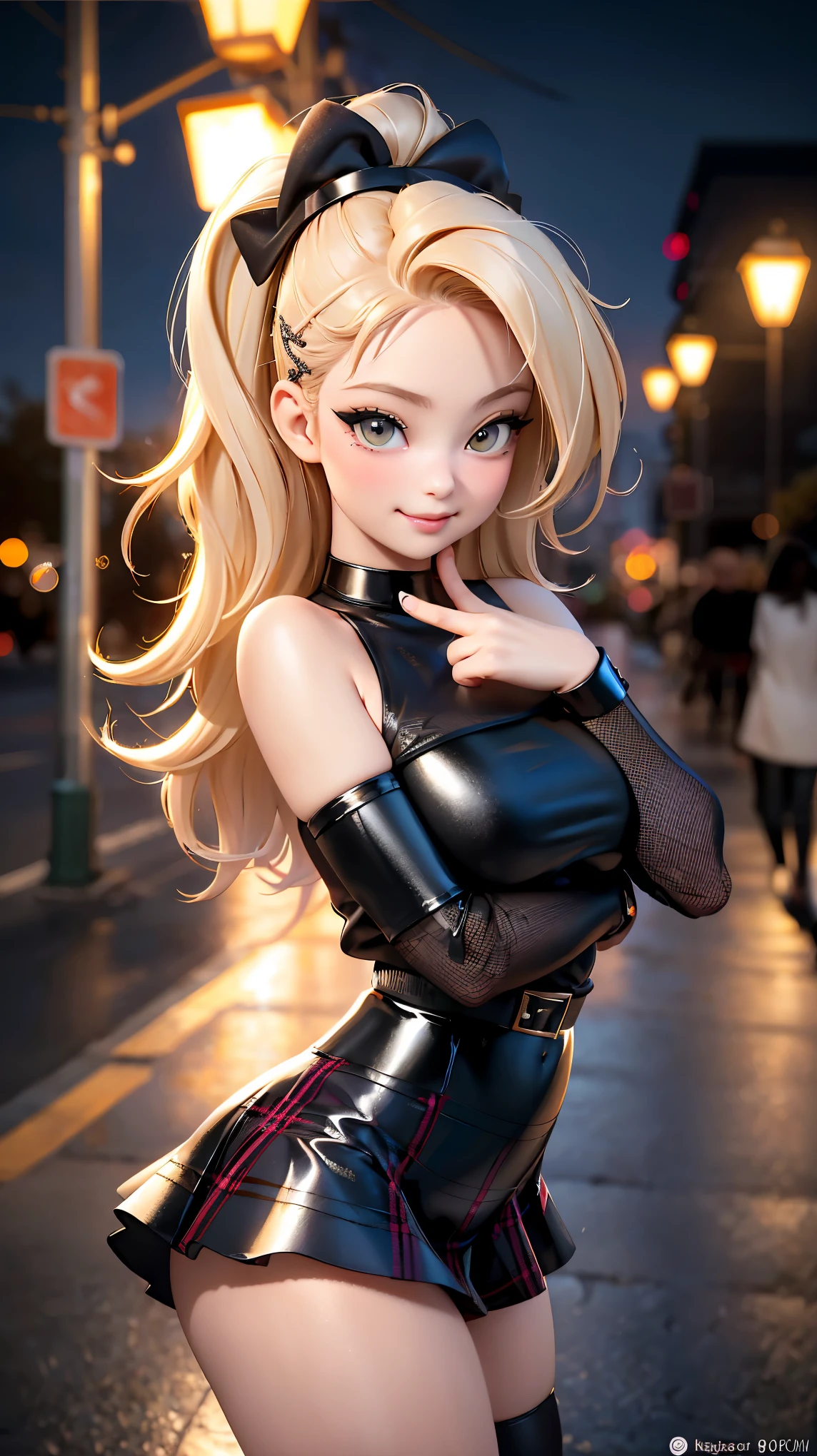 ((medium breasts)), ((erotic, sexy)), 28-year-old student in a shirt, blonde, (dressed as a , on the street), beautiful detailed eyes, light face, ((Full body photo)), (Pigtails), shapely ass, wears glasses, with sleeves, strapless,