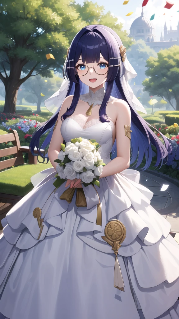 masterpiece, best quality, highres, aapela, long hair, hair ornament, glasses, wedding dress, white dress, strapless, smile, open mouth, garden, holding bouquet, confetti,