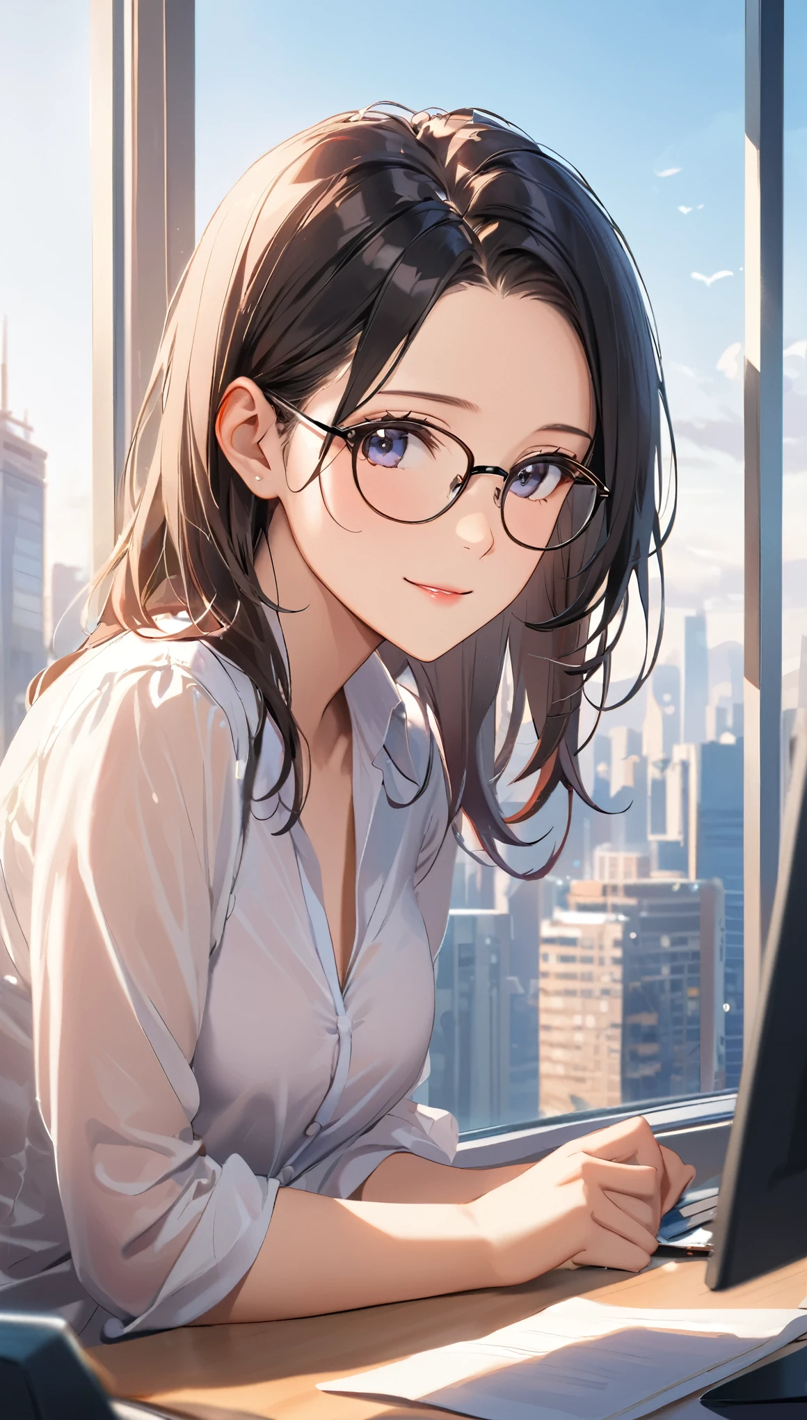 masterpiece, Wearing glasses, Black Hair, forehead, ,woman ,Office ,Morning Light ,Window , Hair Fluttering in the Wind  ,A dignified expression , Soft Smile ,Cityscape ,Morning Calmness  , Impressive Moments 