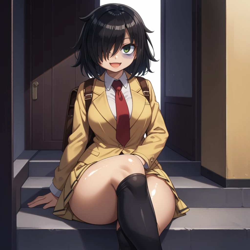 score_9, score_8_up, score_7_up,, solo, source_anime, tomokoxl, bags under eyes, hair over one eye black hair, medium hair, school uniform, red necktie, yellow skirt, short skirt, pleated skirt, yellow jacket, standing, cowboy shot, sitting, crossed legs, thick thighs, shiny skin, focus in crossed legs, underwear, white underwear, shiny underwear, lace underwear, white lace underwear, shiny lace underwear, panties, white panties, shiny panties, only crossed legs pose, sexy crossed legs, perfect crossed legs, sexy legs, big thighs, oiled thighs, oiled legs, smile, open mouth, glowing green eyes, evening time, dark room, breast, big breast, sheer knee highs, black knee highs, black sheer knee highs, backpack, leather backpack, brown backpack, focus in crossed legs, focus in legs, blushing, no shoes, cute feet, cute legs,