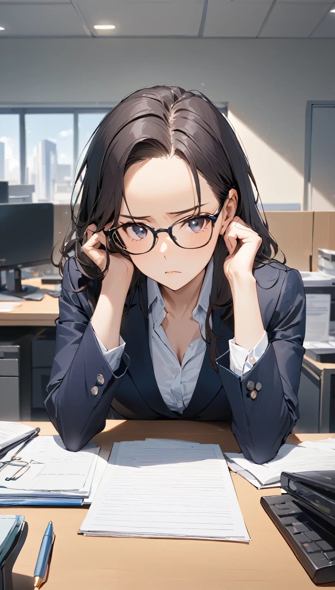 masterpiece, Wearing glasses, Black Hair, forehead, woman, Office,  sitting at a desk and concentrating on work, 静かなOffice,  serious look, Figure devoting himself to work 
