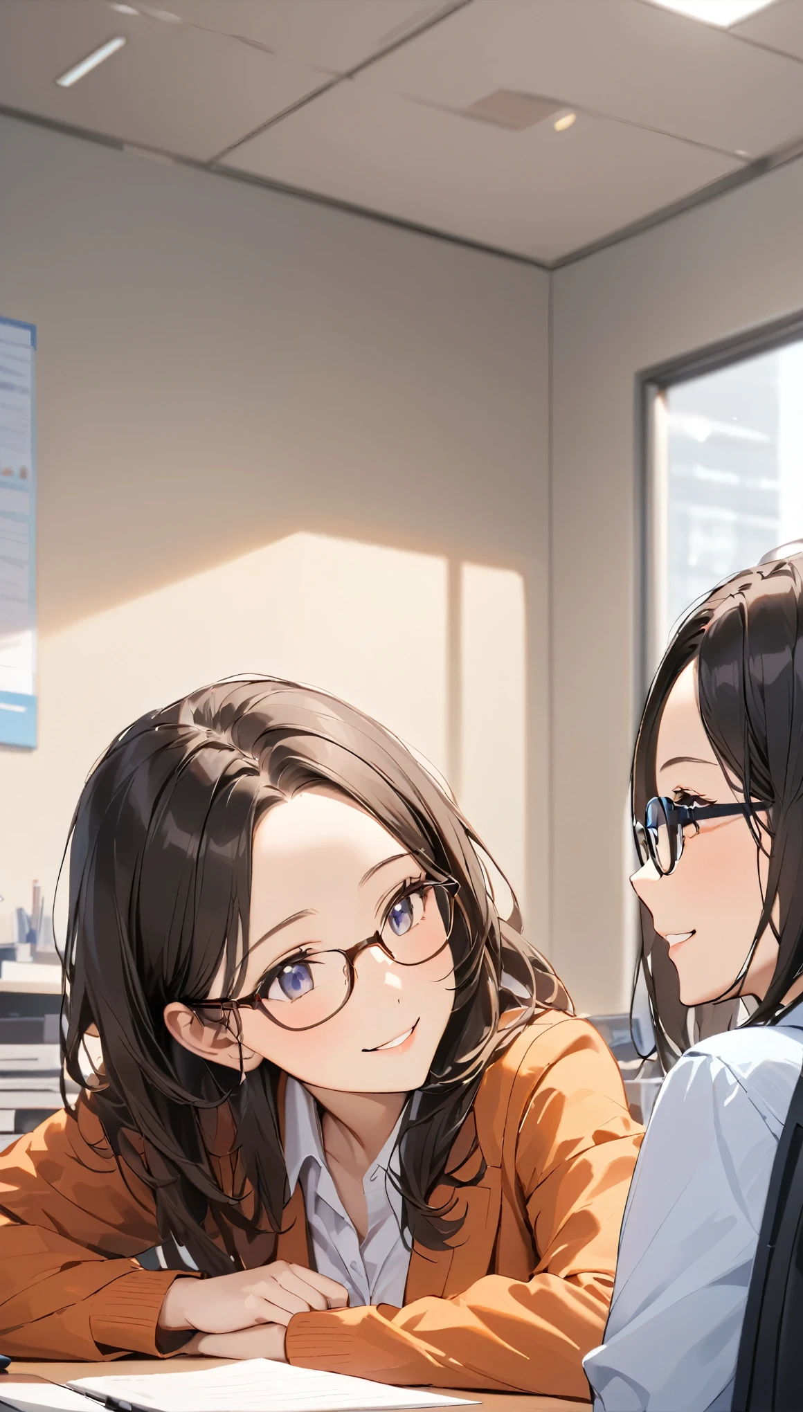 masterpiece, Wearing glasses, Black Hair, forehead, woman, Office, conversation,  Relaxed Atmosphere , In between work , 親密なconversation, Smile a little,  desk work in between, Looking at each other