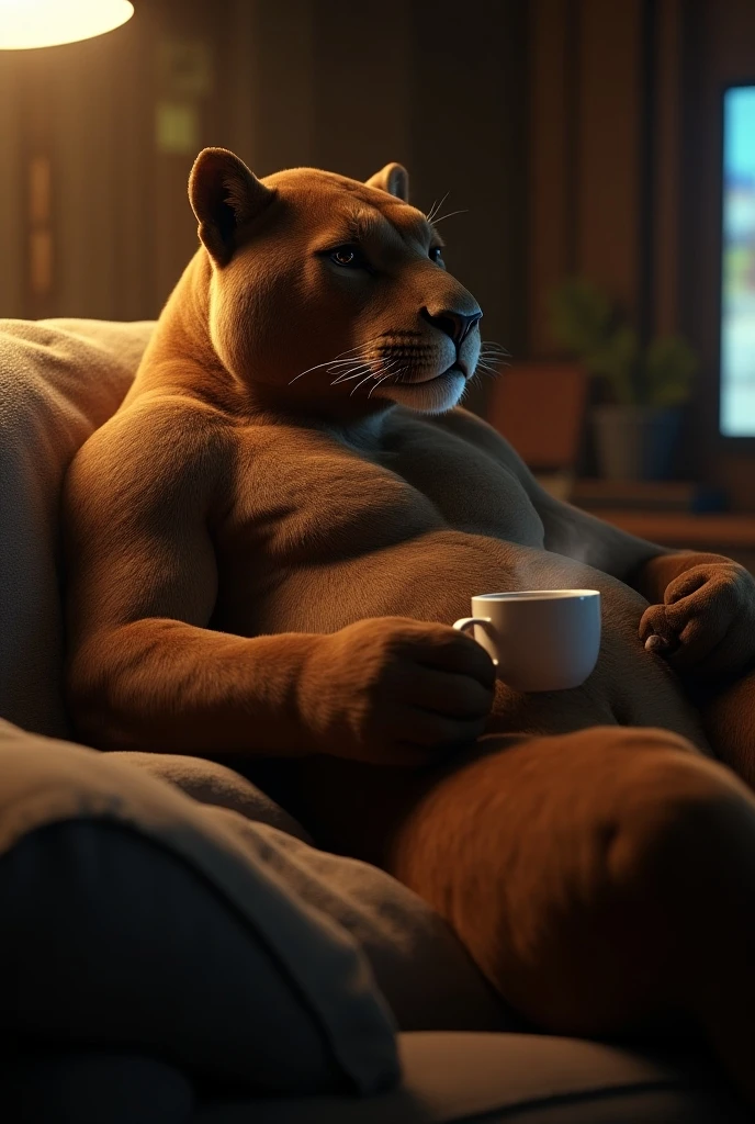 Hyena, male，shaggy，Furry，burly build，macho father in (((strip clothes))),showing the pecs furrys, macho adult shaggy, (showing and masturbating his huge and powerfull erect penis ejaculating much semen), nacked, relaxing on sofa, feet up on coffee table, legs crossed, burly build, perspired ((irate)), vred，e621, living room, the shirt up the pecs showing the pecs furrys,