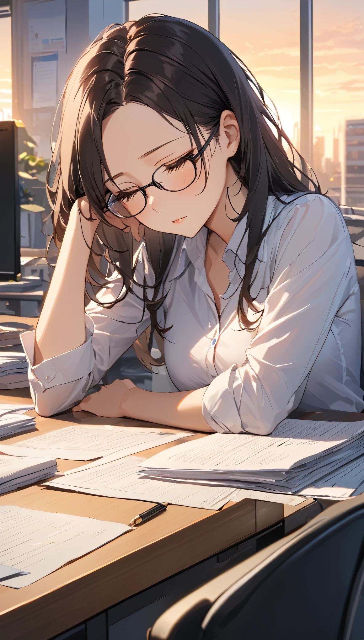 masterpiece, Wearing glasses, Black Hair, forehead, woman, Office, Tired look,  work surrounded by documents , 頑張るwoman,  slightly tired atmosphere , desk work, 夕日が差し込むOffice