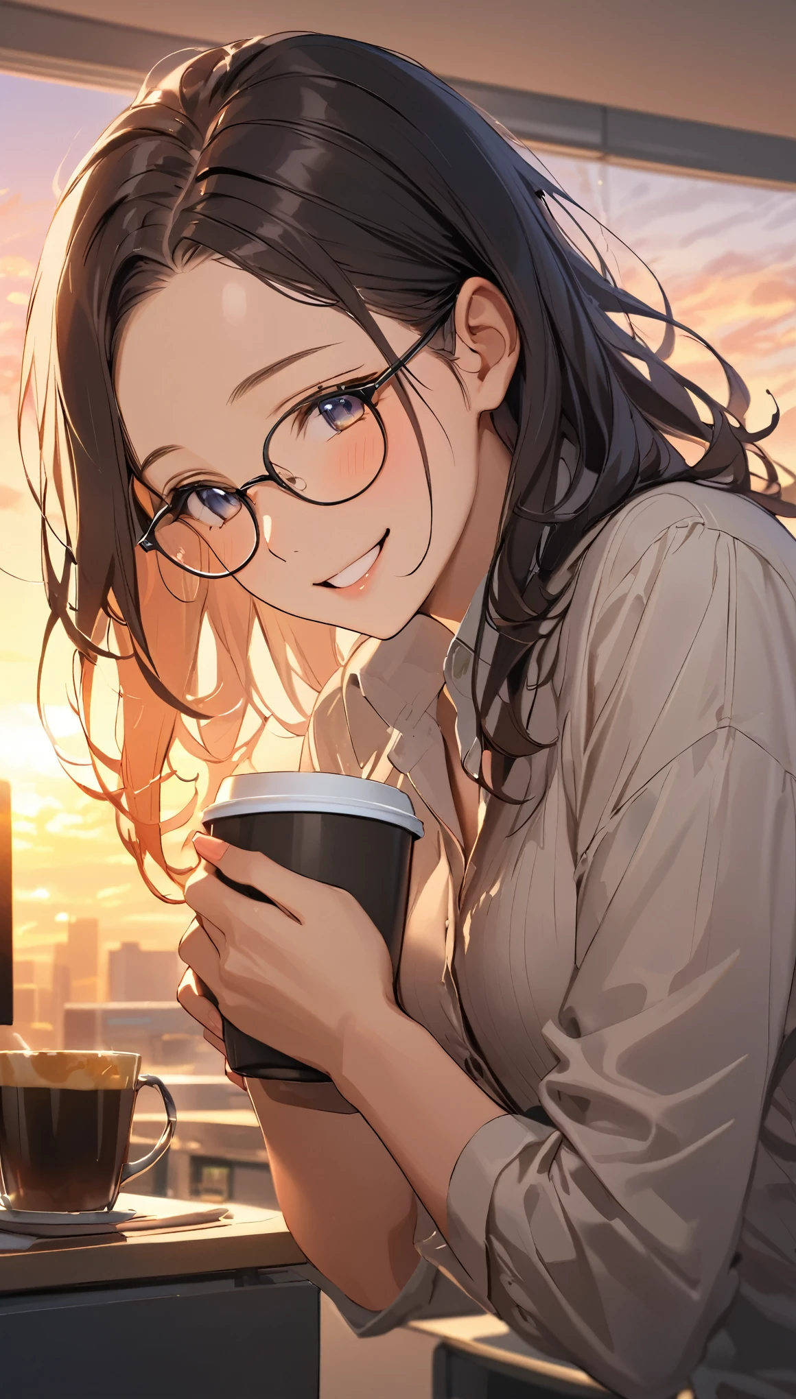 masterpiece, Wearing glasses, Black Hair, forehead, ,woman, male, Office,  Offer Coffee, Surprise expression, smile,  Gratitude , evening, Warm Moments ,  Sunset 