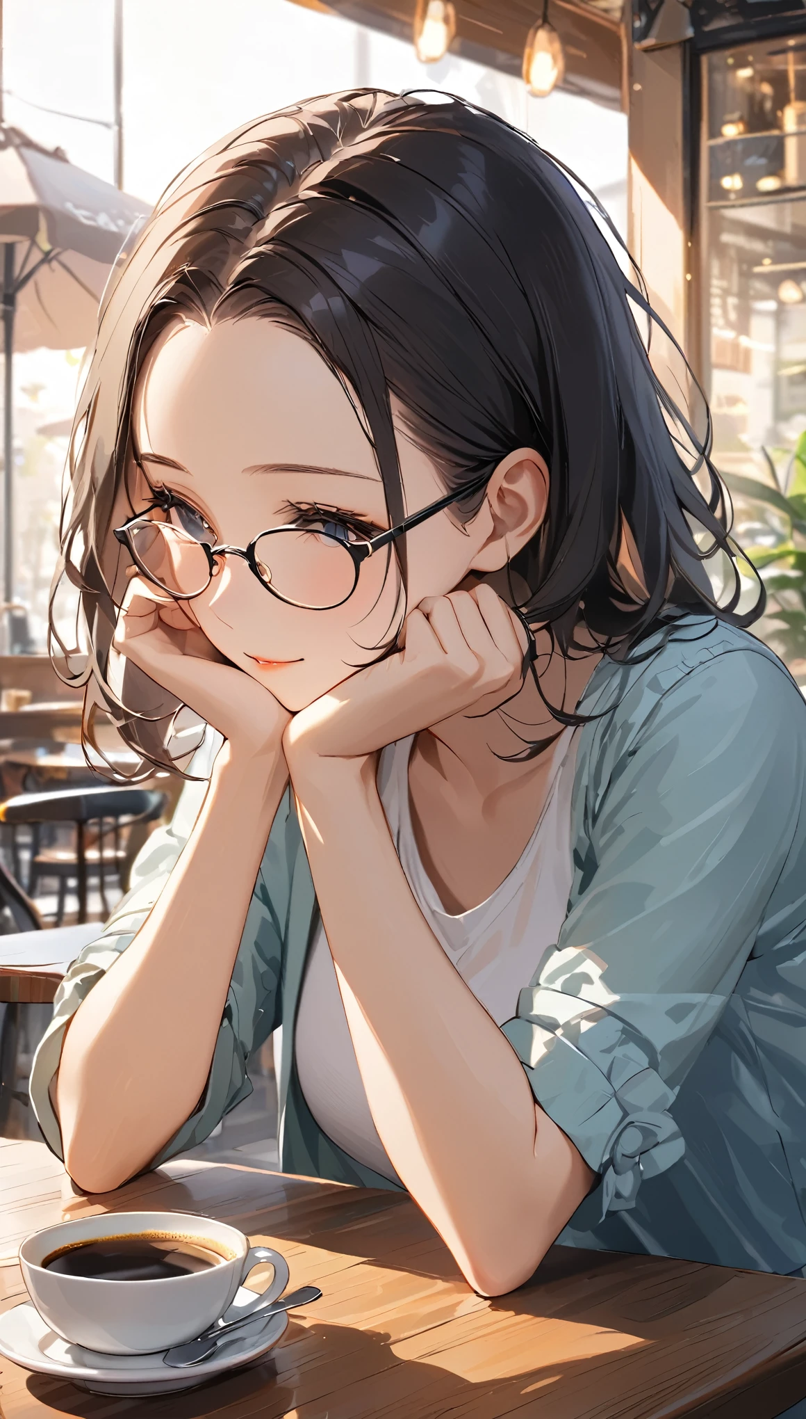 masterpiece, Wearing glasses, Black Hair, forehead, woman, Cafe, Quiet Time,  the distance shrinks slightly , No words needed ,  Peaceful Atmosphere 
