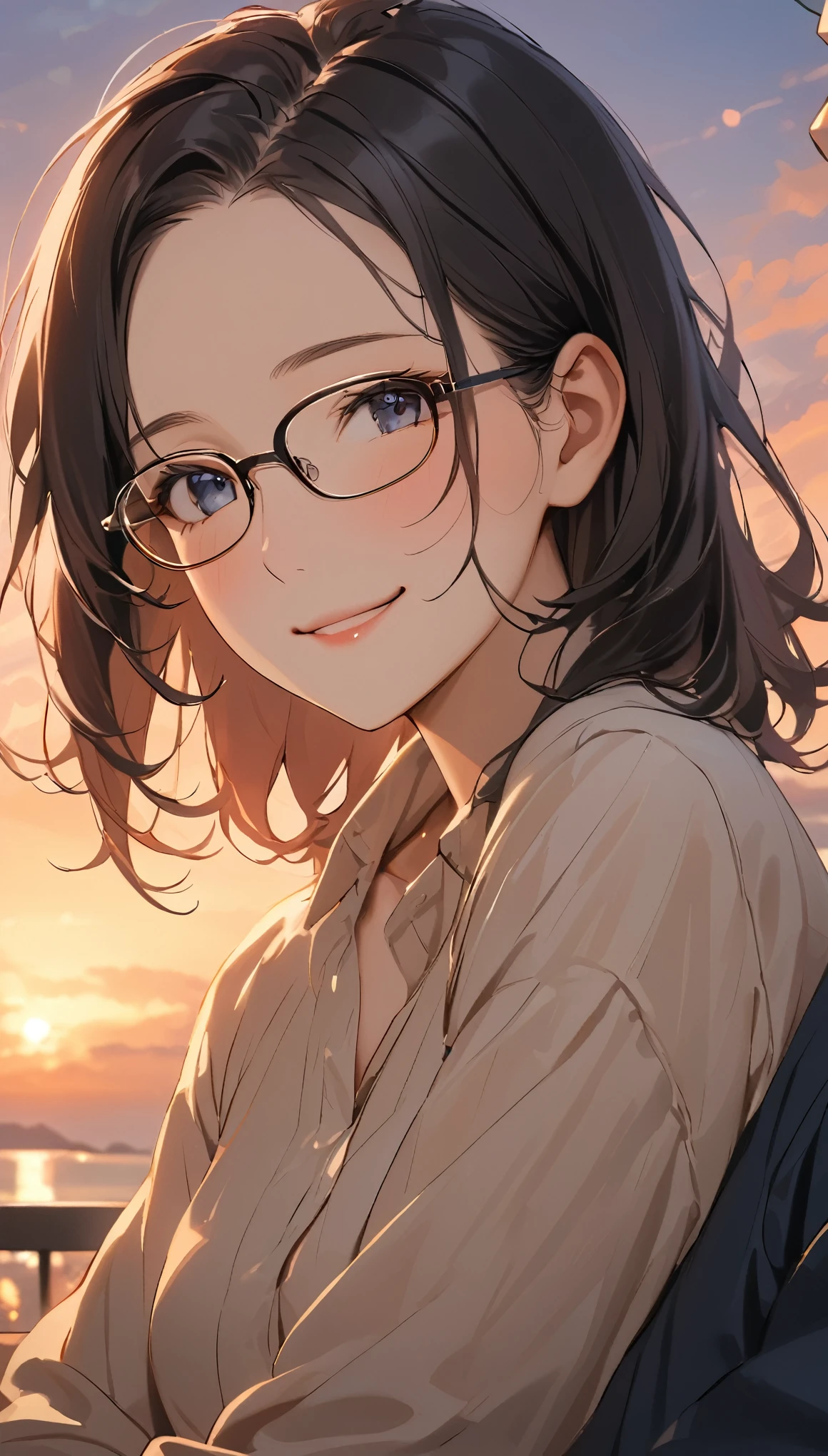 masterpiece, Wearing glasses, Black Hair, forehead, woman, evening,  Relaxed Atmosphere , smile, Words of thanks , Intimate air ,  close to heart ,  A moment of calm and warmth, A special relationship, male
