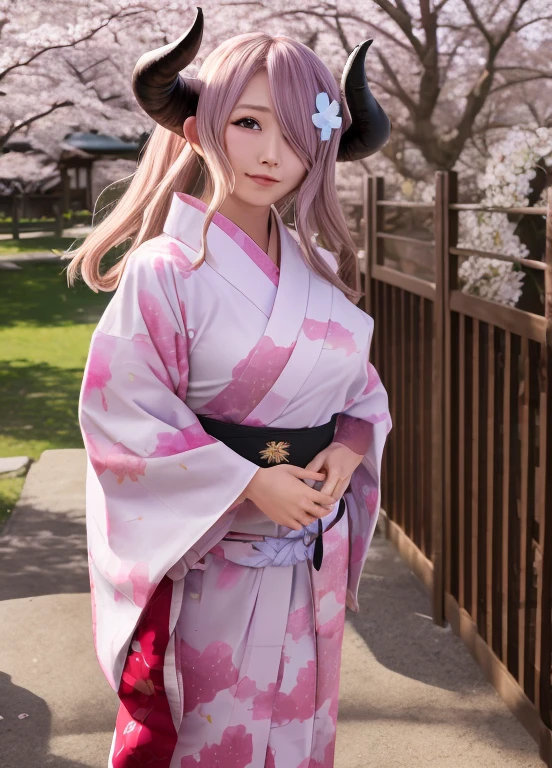 photograph, Realistic, Detailed lighting, Narmaya, Large Breasts, Yukata, horn,   Hair Over One Eyes ,  cowboy shot, cloud, cherry blossoms, Shrine Gate  