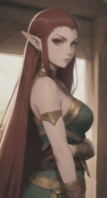 flat chests, nsfw, masterpiece, 1 girl, erect nipples, intricately detailed, topless, navel, bare shoulders, necklace, orange hair, green skirt, elf ear, leather belt, mountainous horizon, mountains, forest, blue sky, extremely detailed, photorealistic, octane render, 8 k, unreal engine, bare breasts, nipples, green eyes, archer, bow and arrows, bare stomach, sweaty, moist breath, child, arm strap, one side braid, 1 ear exposed, bangs, bandana, long nails, smiling, freckles, crossbow, gold bracelet, open mouth