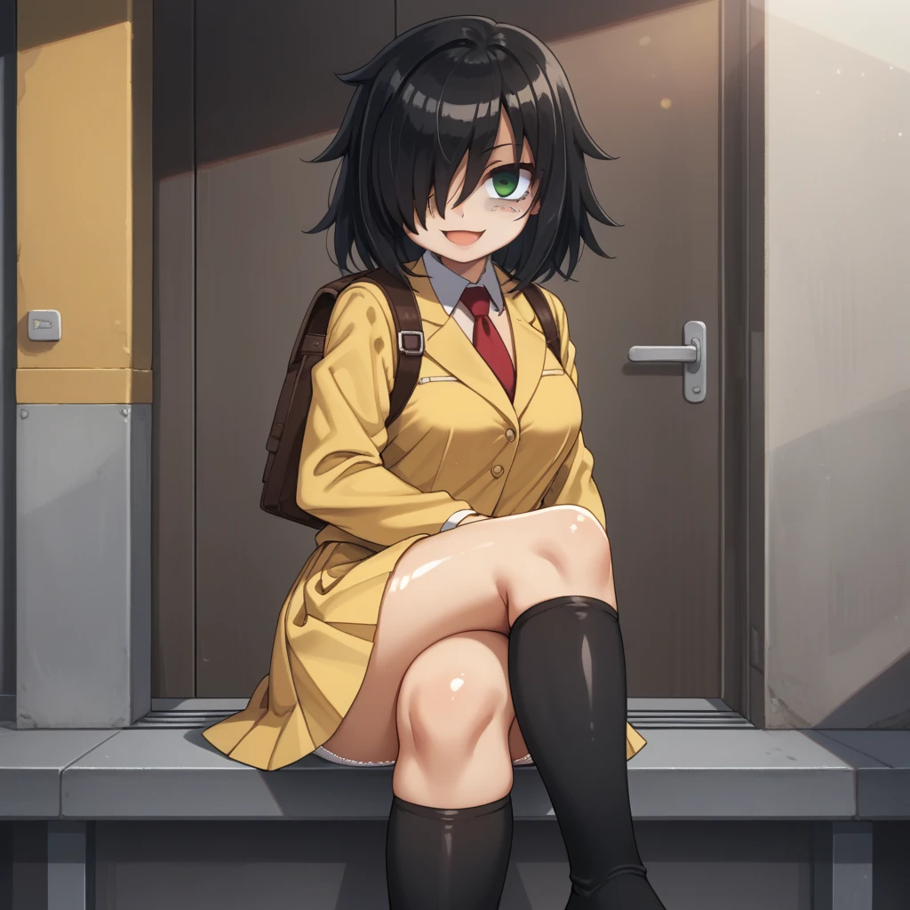 score_9, score_8_up, score_7_up,, solo, source_anime, tomokoxl, bags under eyes, hair over one eye black hair, medium hair, school uniform, red necktie, yellow skirt, short skirt, pleated skirt, yellow jacket, standing, cowboy shot, sitting, crossed legs, thick thighs, shiny skin, focus in crossed legs, underwear, white underwear, shiny underwear, lace underwear, white lace underwear, shiny lace underwear, panties, white panties, shiny panties, only crossed legs pose, sexy crossed legs, perfect crossed legs, sexy legs, big thighs, oiled thighs, oiled legs, smile, open mouth, glowing green eyes, evening time, dark room, breast, big breast, sheer knee highs, black knee highs, black sheer knee highs, backpack, leather backpack, brown backpack, focus in crossed legs, focus in legs, blushing, no shoes, cute feet, cute legs, panchira,