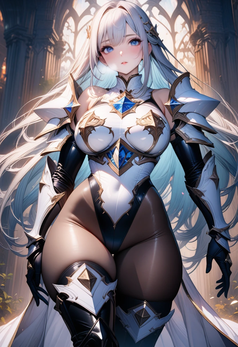 ((highest quality)), ((masterpiece)), (Western-style castle), 1girl, ((curvy)), ((skindantation: 1.2)), perfect face, ((Langrisser)), (black paladin), ((skin-tight turquoise green leotard: 1.4)), ((breastplate)), ((skin-tight black Investigator Bodystocking)), ((Armored Dress)), ((shoulder armor)), ((long coat cloak)), gauntlet, (gloves), ((white hair straight long hair)), ((large breasts)), (pantyhose thighs), (Knee-high boots), cameltoe, beautiful blue eyes, Perfect hands, perfect fingers, stylish pose,