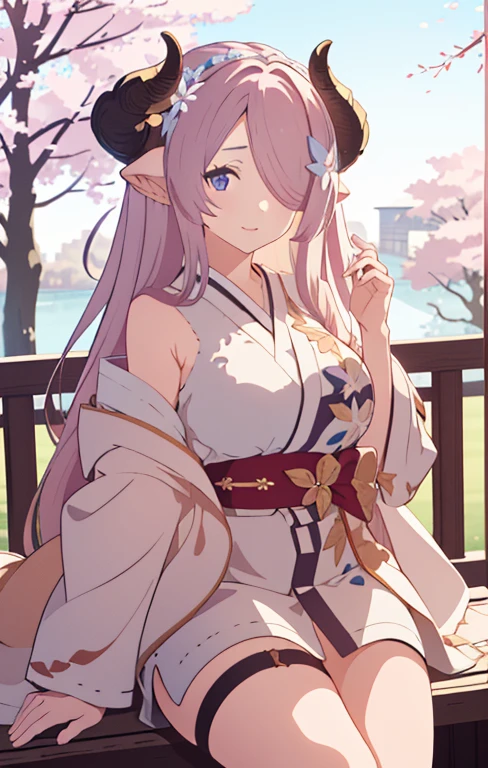  best quality, ( very detailed:1.2), masterpiece, Fine details, ( High Resolution :1.2), (Illustration:1.3),  depth of field, colorful,  1 girl, Alone, Lens: 135mm, the above, Young girl, Narmaya, Narmaya \(Granblue Fantasy\), Sitting, White Dress, flower, petal, cherry blossoms,