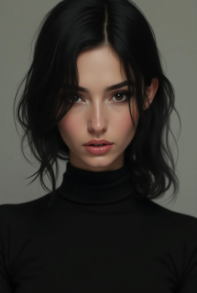 Create a woman who is one meter and a half tall and who is dark-skinned.
with a build that is neither too thin nor too fat, cat eyes and short hair.