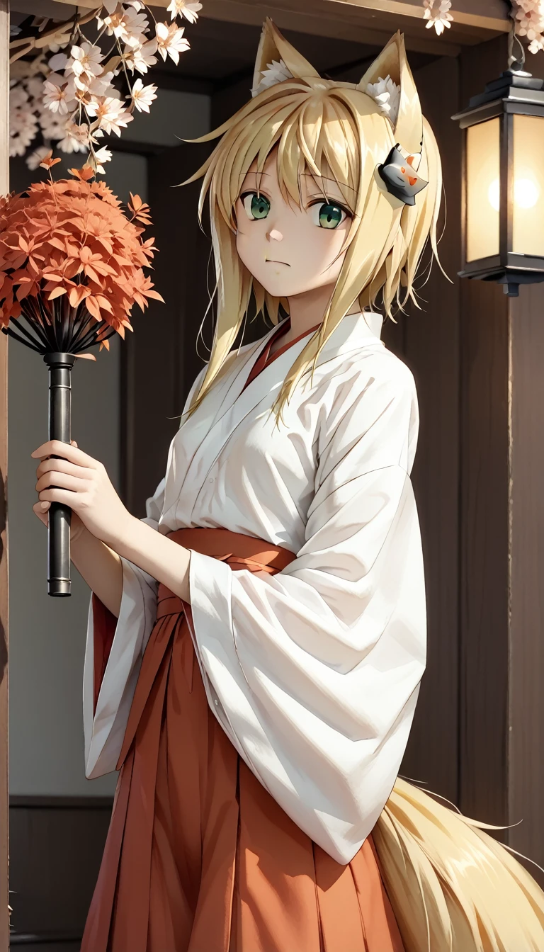 aya, anime girl with long blonde hair and green eyes holding a knife, fox nobushi, kitsune, fox nobushi holding a naginata, holo is a wolf girl, kitsune holding torch, touhou character, with kitsune mask, kitsune three - tailed fox, a beautiful kitsune woman, anime moe artstyle,
