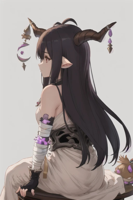 masterpiece,  best quality,  1 girl, Danuadefu , horn, Horn Ornament ,  jewelry , necklace, Crescent Moon, White Dress, Clevis,  black gloves,   fingerless gloves,  bandaged arm , flower, from behind, shadow,  simple background,  username,  upper body,  White background , Looking to the side, Sitting, Sitting in tree, Alone