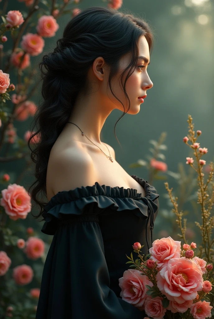  she is so beautiful gril he hand a black rose she is so cut she sitting a Paris 
3d