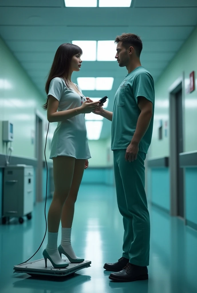 A beautiful young blonde blue eyed woman dressed as a sexy scientist and carrying a notebook stares at another beautiful young black haired naked woman with a barcode label on her arm who sits on a lab table and stares coldly and emotionlessly at the camera., Full body view, Hyper-realistic image quality