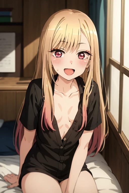 ((Best Quality)), ((masterpiece)), (be familiar with),  perfect face, indoor, bedroom,  viewers,
One woman, Kitagawa Marin,
Open Mouth, Ecstatic expression, blush, smile,
Small breasts,  flat chest, , , , Girl,
Long Hair, Long Hair,
Leg spread,