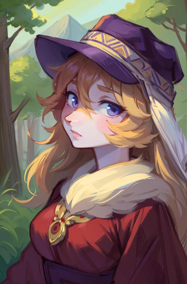 Fuzzy, girl fox ,masterpiece, Best quality at the best price, ( Just focus ), ( It's a perfect face:1.1), (Hohe Detailgenauigkeit:1.1), (ultra-detailed eyes), With hat on ,  Forest in the background ,  ethnic style clothing 