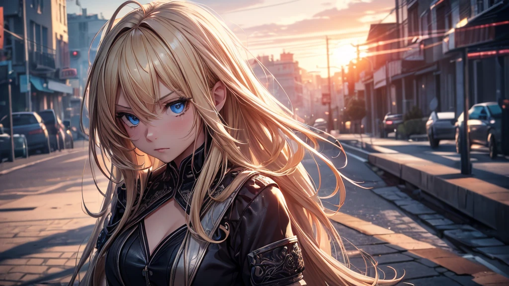 (ultra-detailed, realistic), [professional:1.1], [physically-based rendering], [vivid colors], [sharp focus], [extreme detail description], [best quality,4k,8k,highres,masterpiece:1.2], girl, solo, long blonde hair, blue eyes, messy hair, unruly hair, short top, persistent,sunset, full-body shot, wide-angle, low angle, delicate face, coquette with a serious face, adventure girl, 32k uhd, multilayer, (Depth of field, cinematic angle, cinematic lighting:1.2), (masterpiece:1.2), (best quality:1.2), (very aesthetic:1.2), (absurdres:1.2)(detailed background), newest, intricate