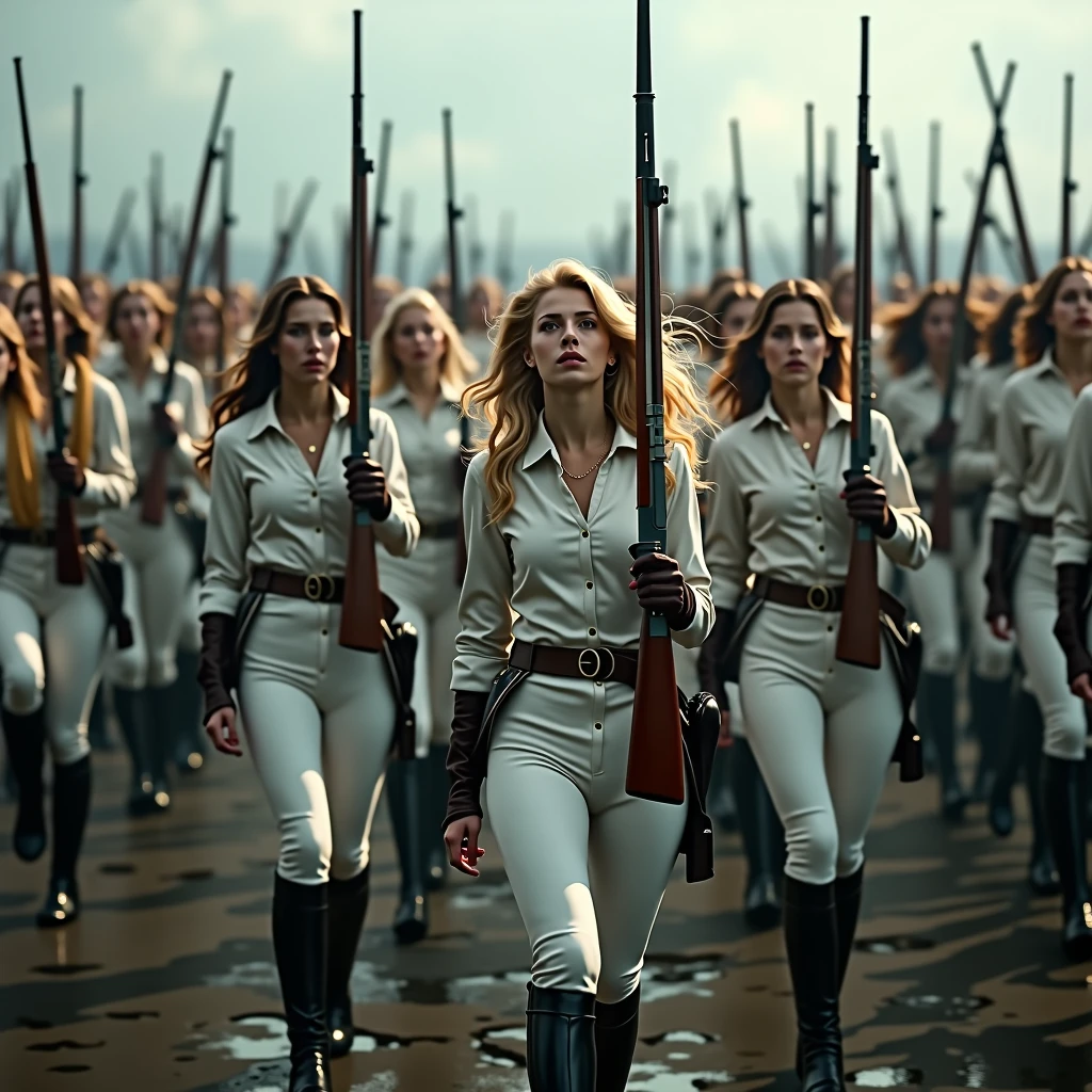 A battle scene from the 19th century: columns with hundreds of beautiful young european women in uniform. Beautiful angelig faces. All women are wearing a riding dress: white, tight-fitting riding leggings , white tight-fitting , long-sleeved tourney shirt with high collar , black leather riding boots, black leather gloves. Every woman has a rifle shouldered with a bajonett attatched to it. Their blonde or brunette hair is blowing in the wind. Facial expression proud, self confident, certain of victory. They are marching in close formation on a battlefield towards the enemy. It's raining: The soldier's hair, shirts and riding leggings got fully soaked. Some soldiers are going down due to enemy fire - facial expression of shock and disbelieve. Photorealistic image, high detail, very inense and dramatic scene. full body view, take a long shot.