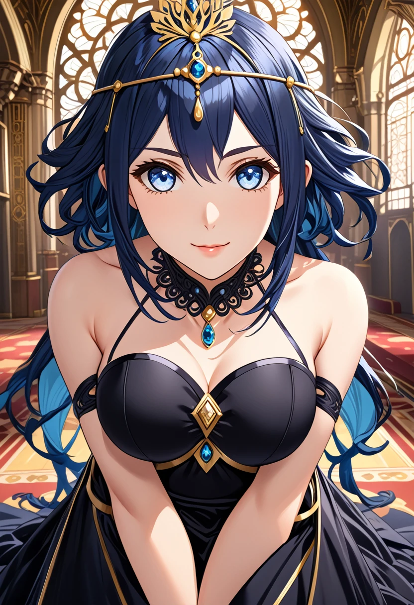 great quality ++ Extremely detailed high resolution, very aesthetic, expressive eyes, (((Perfect face))), (((symmetrical face))), (((Good anatomy)), (((perfect hands))), (((8k)))), UHD, HD Wallpaper, (((high detailed calidra, (((1girl)))), ((((full body)))), (((Noire)))), (((feNoire))), (((blue hair))), (((blue eyes))), ((((Midnight black dress with bare shoulders that perfectly hugged her slender figure and then descended to a flowing floor-length skirt)))), (((The sweetheart neckline was adorned with sparkling sapphires in harmony with the jeweled tiara))), (((Majestic ballroom Eveninajestic Castle))), (((huge breasts)))), (((Innocent smile))), ((((saluting)))),
