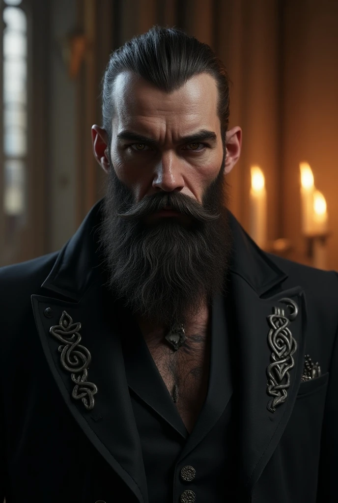Bearded mountain man aesthetic gothic-inspired, Celtic knot patterns, cgsociety contest winner 3D effect ultra-detailed intricate insanely full HD, artstation quality, Intense gaze, expressive eyes, ultra-realistic, ultra detailed, photorealistic, background gothic mansion Candlelight lights, sharp dressed,