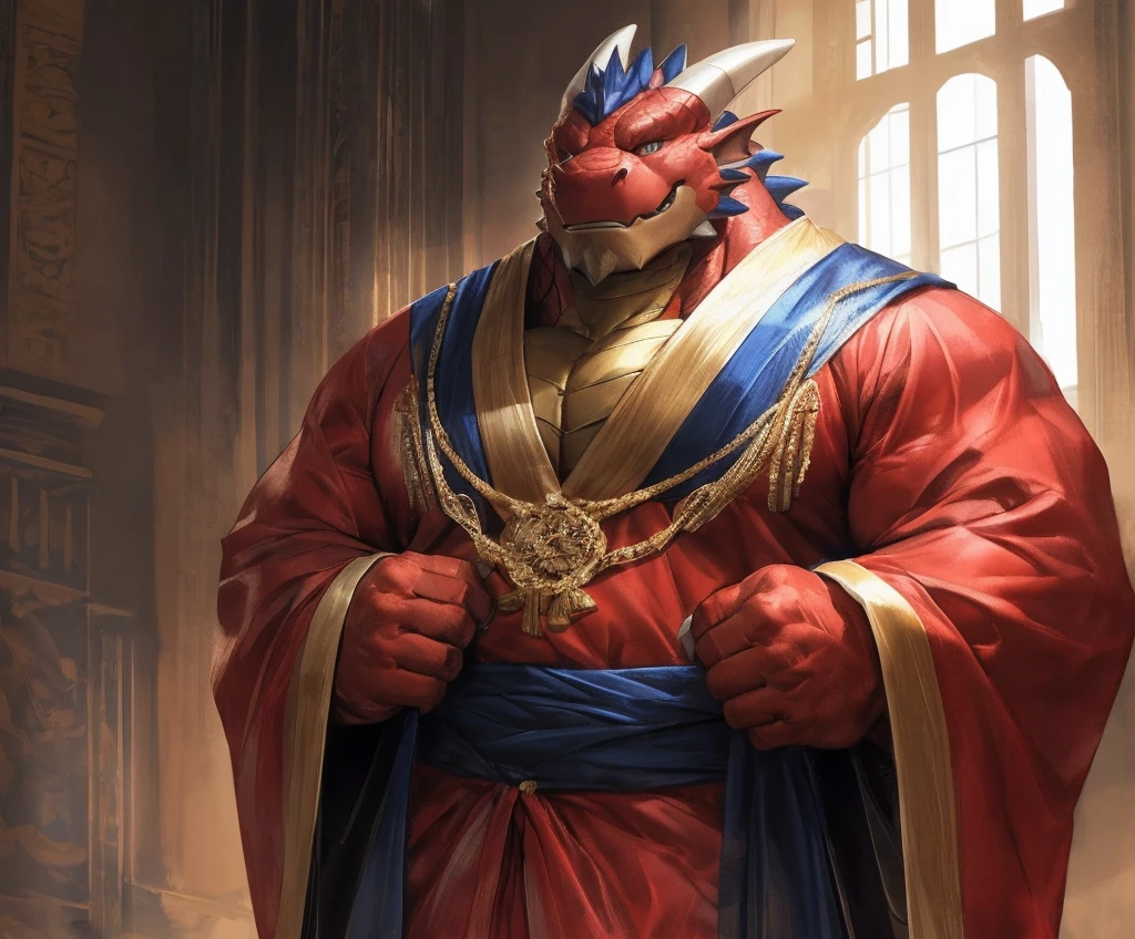  human nature , Cannon , Male, Lonely, (( the strong ，good-looking)), (dragon),((Traditional royal robe，西方dragondragon角))， standing， hand in hand cross ， High quality , (4K, High quality , High resolution, masterpiece), Front view (Close-up), Cartoon,by lindong, whole body